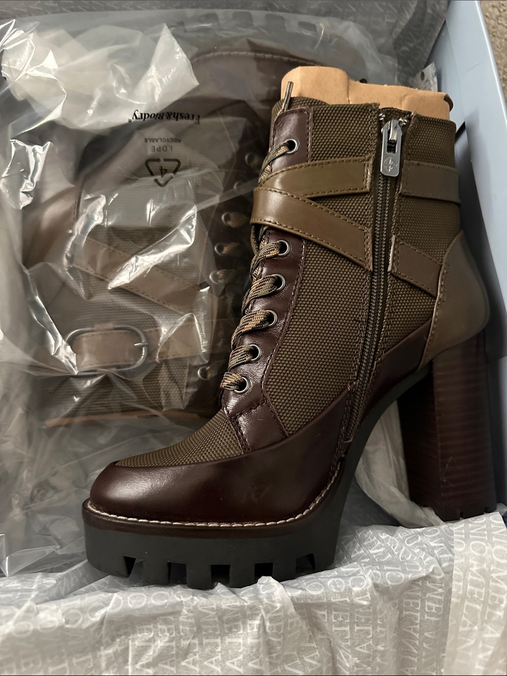 ANTONIO MELANI Brown/Green Lace-Up Lug Heel Ankle Boots
